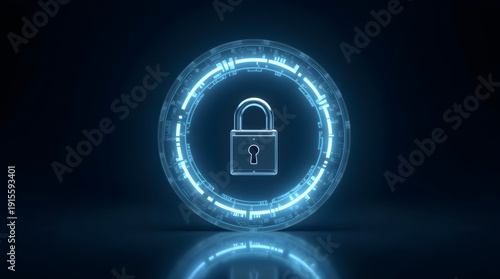 A glowing blue digital lock icon in a futuristic circular design representing online security.