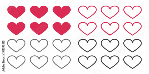 A collection of red pink and outlined hearts arranged in a grid