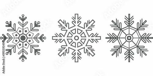 Three detailed snowflake illustrations in black and white line art