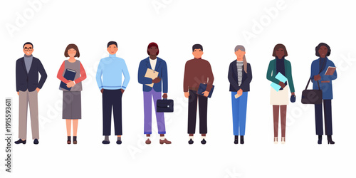 Diverse group of professionals standing in a row facing forward