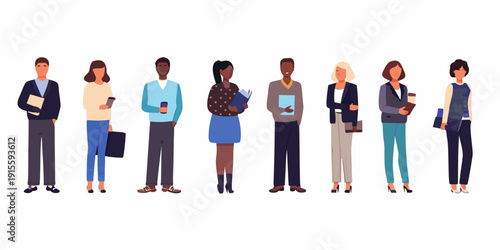 Diverse group of professionals standing in a row holding folders and bags