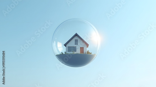 A house encapsulated in a transparent bubble, symbolizing real estate protection and innovation.