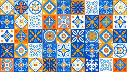 A vibrant pattern of colorful ornate ceramic tiles arranged in a grid