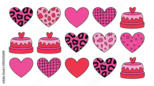 Trendy doodle cake and ribbon icons with maximalist patterns on white background