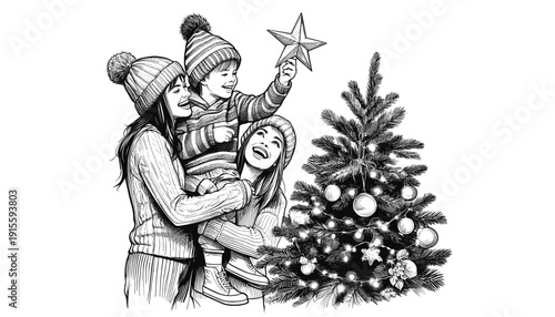 Heartwarming black-and-white illustration of a family decorating a Christmas tree together, symbolizing holiday joy and togetherness