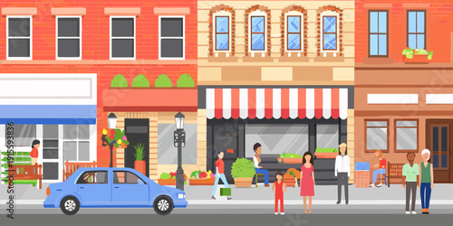 A colorful illustration depicts a bustling street with shops and people