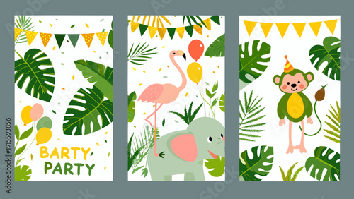 Tropical party invitation cards featuring animals and lush foliage