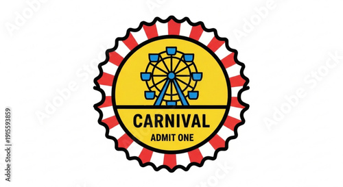Carnival ticket with Ferris wheel illustration vintage amusement park entry pass admit one concept for event promotion isolated on white