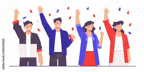 Celebratory group of four people raising hands with confetti falling