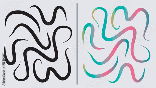 Abstract geometric patterns showcasing contrasting black and white versus vibrant multicolored designs