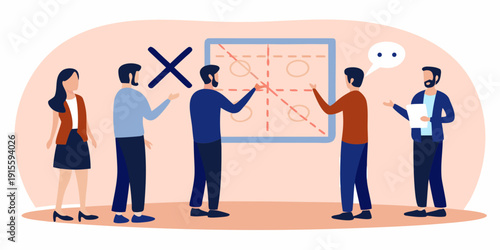 Team strategizing with a tic tac toe board brainstorming ideas collaboratively
