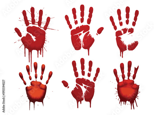 Bloody handprints on transparent background set human palm prints with dripping blood red hand stain collection scary horror mystery decoration