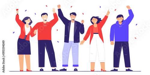 Celebrating team raises arms in joy with colorful confetti falling down