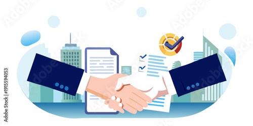 A business deal is sealed with a handshake and document in a city