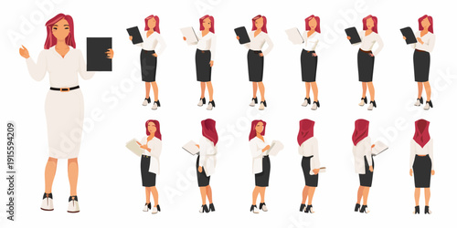 Businesswoman in various poses holding a tablet shown in a repeating pattern