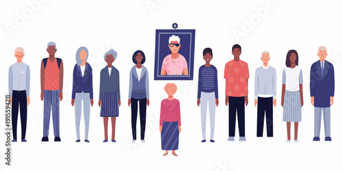 Diverse group of people standing together mourning a portrait