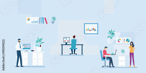 Modern office space with employees working at desks and collaborating