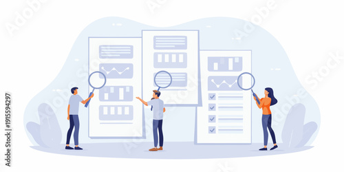 Team analyzing data dashboards and reports with magnifying glasses