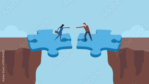 People connecting puzzle pieces over a large chasm symbolizing collaboration