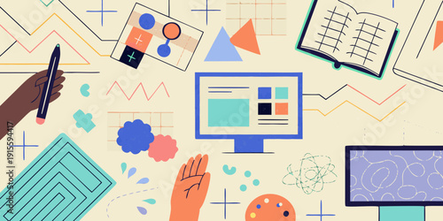 Colorful illustration depicting design elements a computer and a creative hand