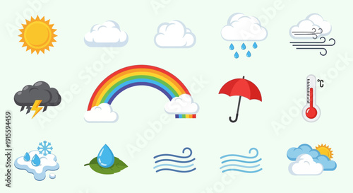 Weather Icons Collection Sun Clouds Rain Rainbow.