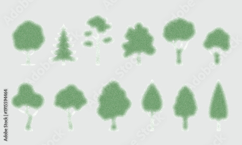 Set of green textured tree silhouettes featuring pine oak and deciduous species with soft stippled effects for architectural site plans.
