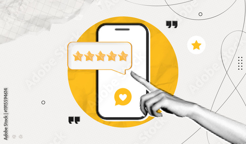 Trendy Halftone Collage Phone with Hand and Five star rating feedback. Best score point to review service. Five star for quality customer rating. Contemporary vector illustration art