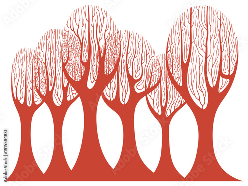 red abstract stylized bare trees silhouette on transparent background graphic design element for autumn or winter concept