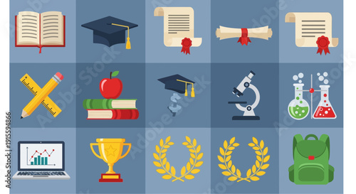 Education Icons Representing Learning and Achievement.
