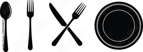 Black cutlery silhouette icons set with spoon fork knife and plate isolated on white background cad drawing flat vector illustration