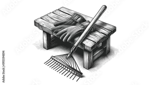 Gardening tools in sketch style in black and white used for yard work