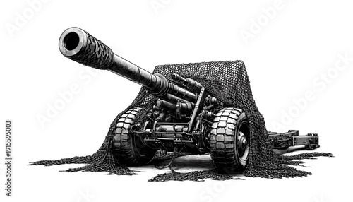 Military cannon in drawing style in black and white, historical weapon