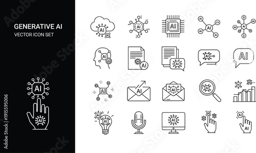 Generative artificial intelligence vector icon set with digital brain cloud computing microchip and data search cad drawing flat vector illustration (20 words)