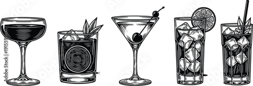Set of five hand drawn cocktail drink silhouettes including martini mojito and margarita with ice cubes cad drawing flat vector illustration