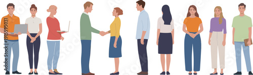 Business people meeting and handshake vector illustration, diverse professionals standing and interacting isolated on white background corporate communication concept