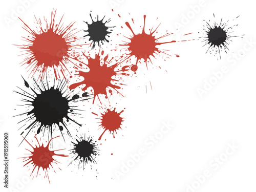 Red and black paint splashes on transparent background set ink splatter blots liquid stain collection abstract artistic design element graphic