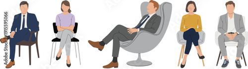 Business people sitting on chairs vector illustration set, diverse professionals in office interview or waiting room isolated on white background
