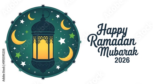 Happy ramadan mubarak 2026 greeting card with lantern and crescent moons