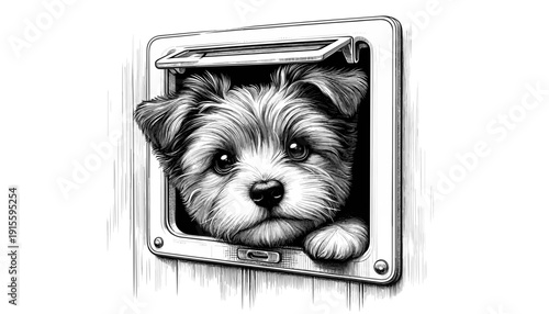 Dog peeking through pet door in black and white sketch