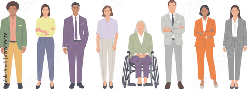 Diverse business people standing together vector illustration, inclusive corporate team with disabled professional in wheelchair isolated on white background workplace diversity concept