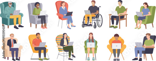 Diverse people using laptops at home vector illustration set, inclusive remote work and freelance lifestyle concept isolated on white background
