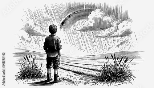 Boy standing watching rain against stormy sky