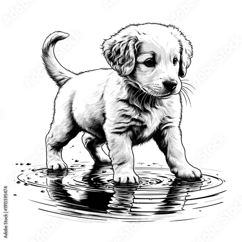 Puppy playing in water illustration