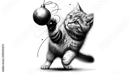 Kitten playing with ornament on plain background