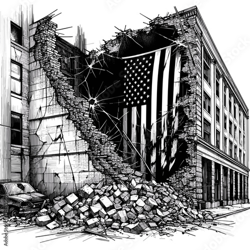 Ruined building depicted in sketch style in black and white showing destruction