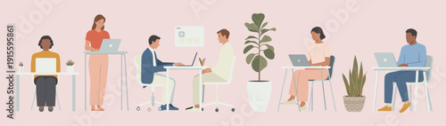 Modern office teamwork vector illustration, diverse business people working on laptops at desks in coworking space isolated on pastel background