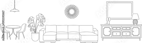 Modern living room interior line art vector illustration, sofa, dining table, cabinet and decor elements isolated on white background