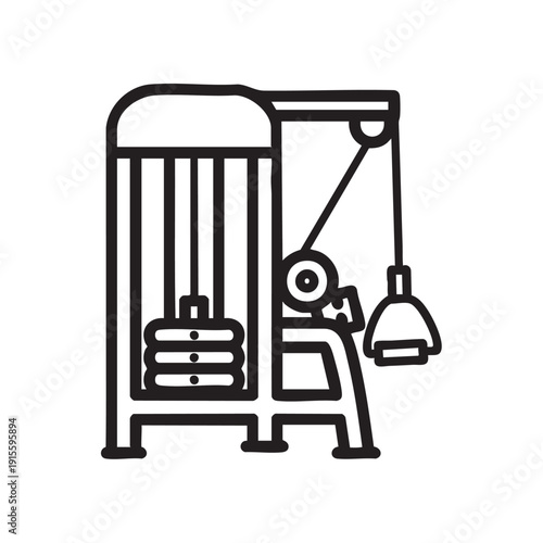 A weightlifting machine is shown in a simple line drawing from a side view in a gym setting