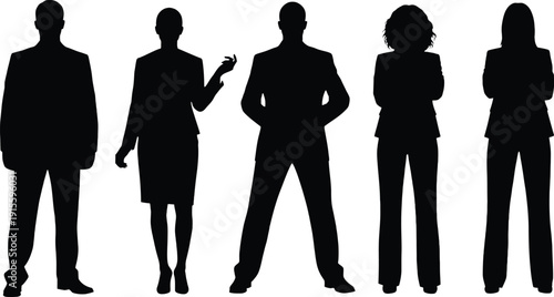 Five business professionals in various poses