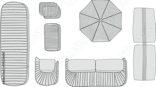 Top view outdoor patio furniture vector set, hand drawn garden sofa, armchair, table and umbrella layout plan isolated on white background
